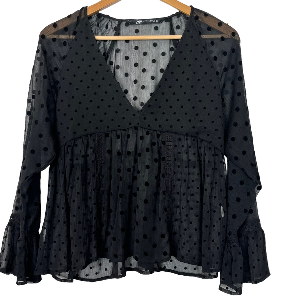 Zara Polka Dot V-Neck Long Sleeve Blouse